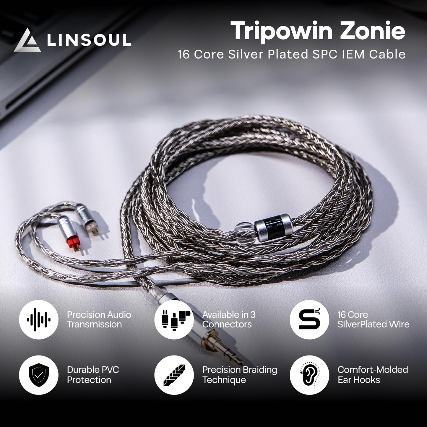 Linsoul Tripowin Zonie IEM Cable, Cable de Auriculares de 2 m de Longitud, Cable de Auriculares Chapado en Plata de 16 Núcleos, Cable de Monitor In Ear para KZ ZS10 PRO 2 SIMGOT EM6L (Empotrable 2Pin)
