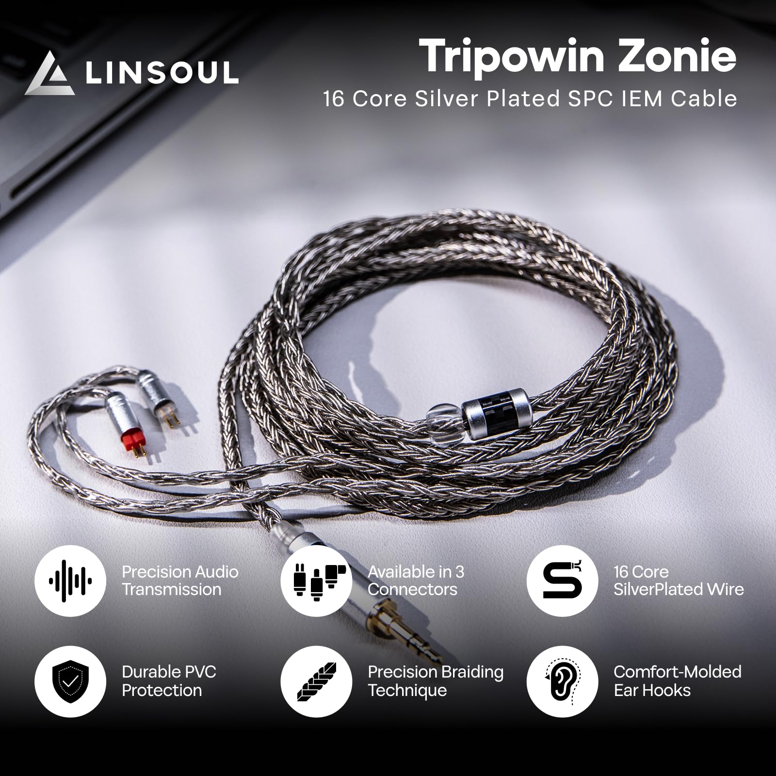 Linsoul Tripowin Zonie IEM Cable, Cable de Auriculares de 2 m de Longitud, Cable de Auriculares Chapado en Plata de 16 Núcleos, Cable de Monitor In Ear para KZ ZS10 PRO 2 SIMGOT EM6L (Empotrable 2Pin)