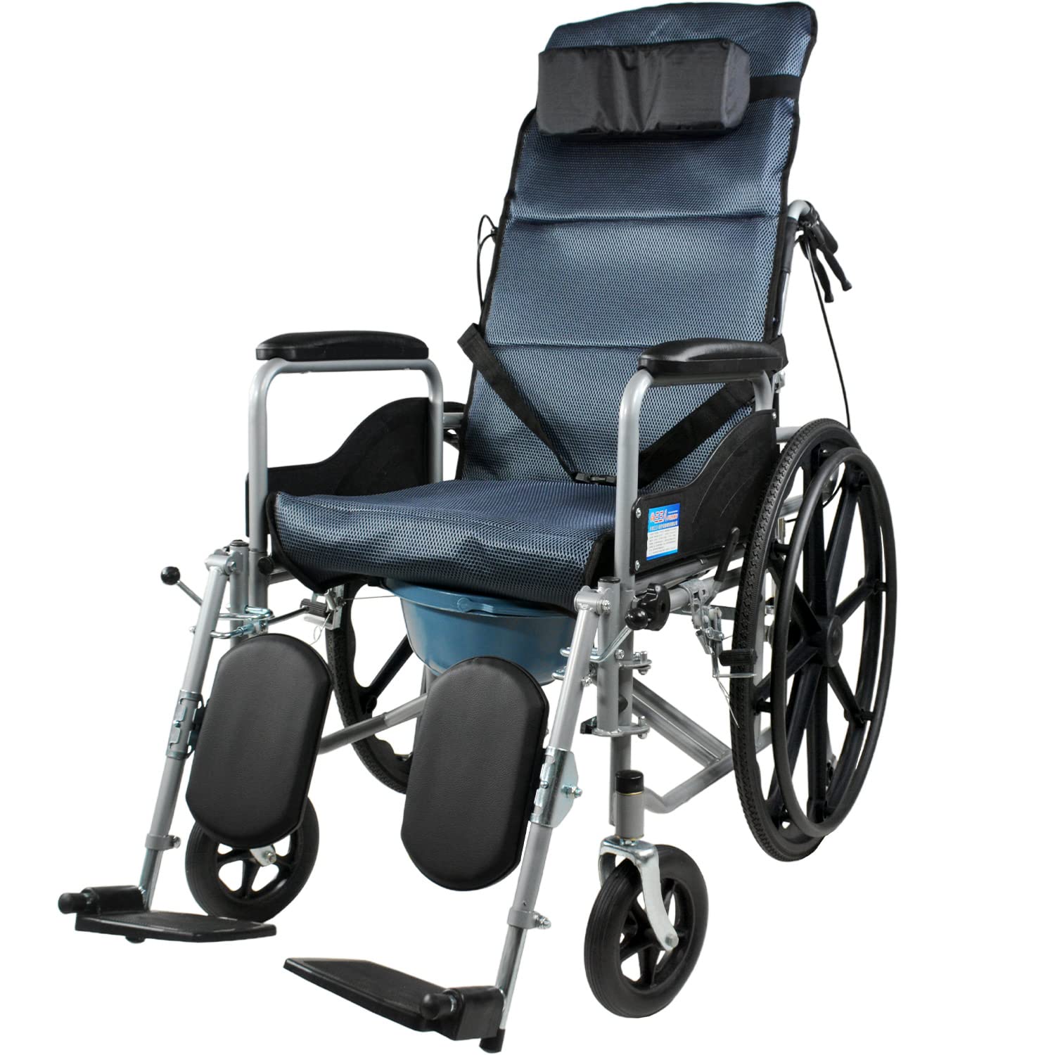 Silla de Ruedas Reclinable NANOFORT Azul Plegable con Frenos de Gatillo para Adultos Mayores Discapacitados