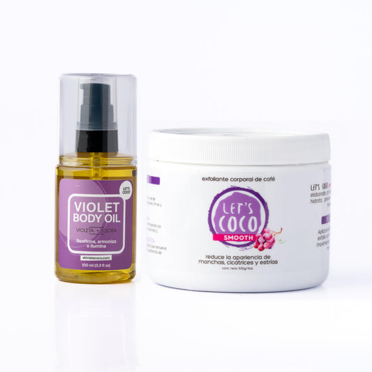 LET'S COCO | Kit Anti-Celulitis y Estrías (Let’s Coco Smooth + Violeta Body Oil) - Exfoliante Corporal de Café, Anti-Celulitis, Para Uso en Todo el Cuerpo y Aceite Corporal de Jojoba y Sándalo