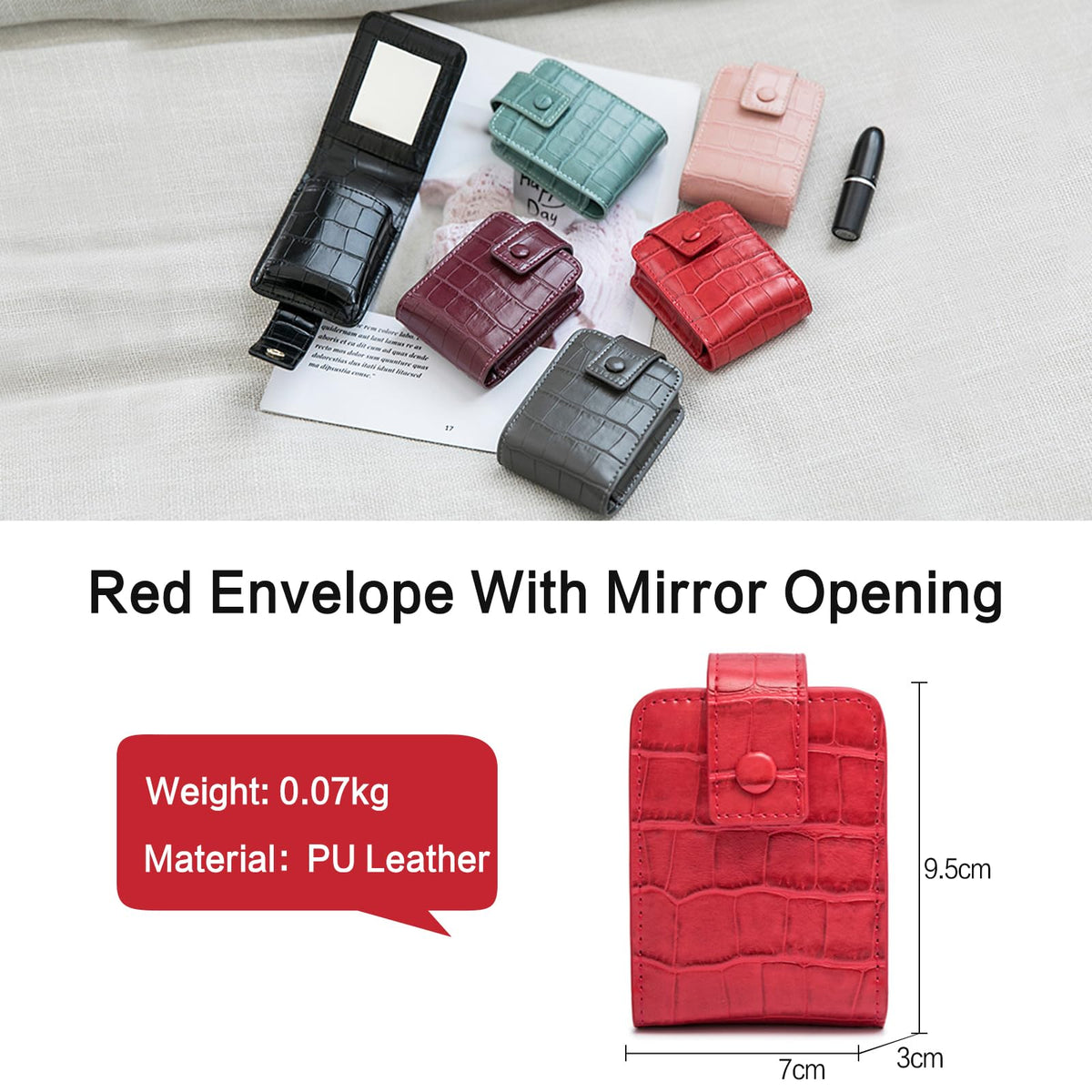 PORRASSO Estuche para Lápiz Labial con Espejo Estuche para Pintalabios Mini Bolsa de Maquillaje Portátil Almacenamiento PU Bolsa de Cosméticos Rojo