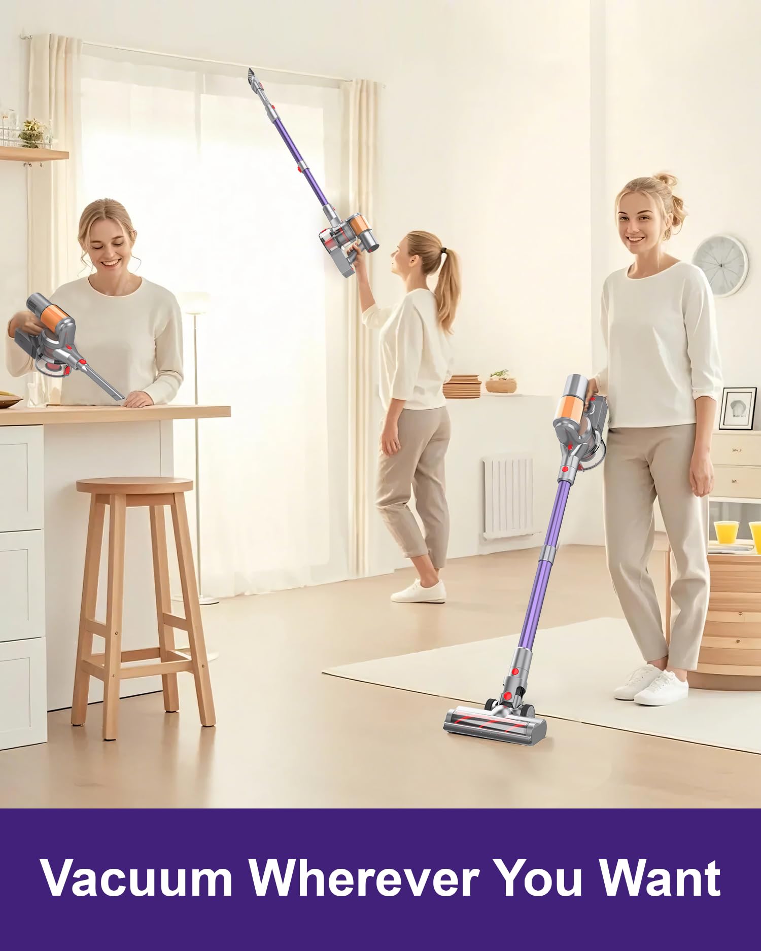 Aspiradora Inalámbrica 45Kpa 550W, 60 Minutos de autonomía Aspirador de Varilla con diseño antienredos, autoportante, Pantalla LED, para Pelo de Mascotas, moqueta y Suelo de Madera Dura