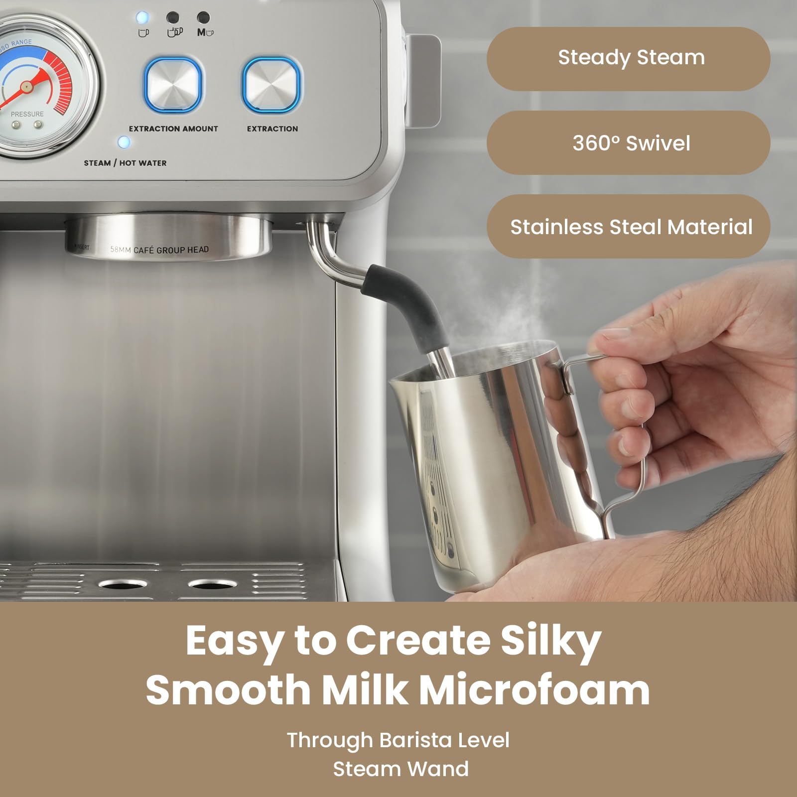 Gevi EzBru 2000 - Máquina espresso de doble caldera mejorada 2024 | Cabezal de grupo de 58 mm | Varita de vapor de nivel Barista | Molinillo integrado con 31 ajustes de tamaño | Carcasa completa de