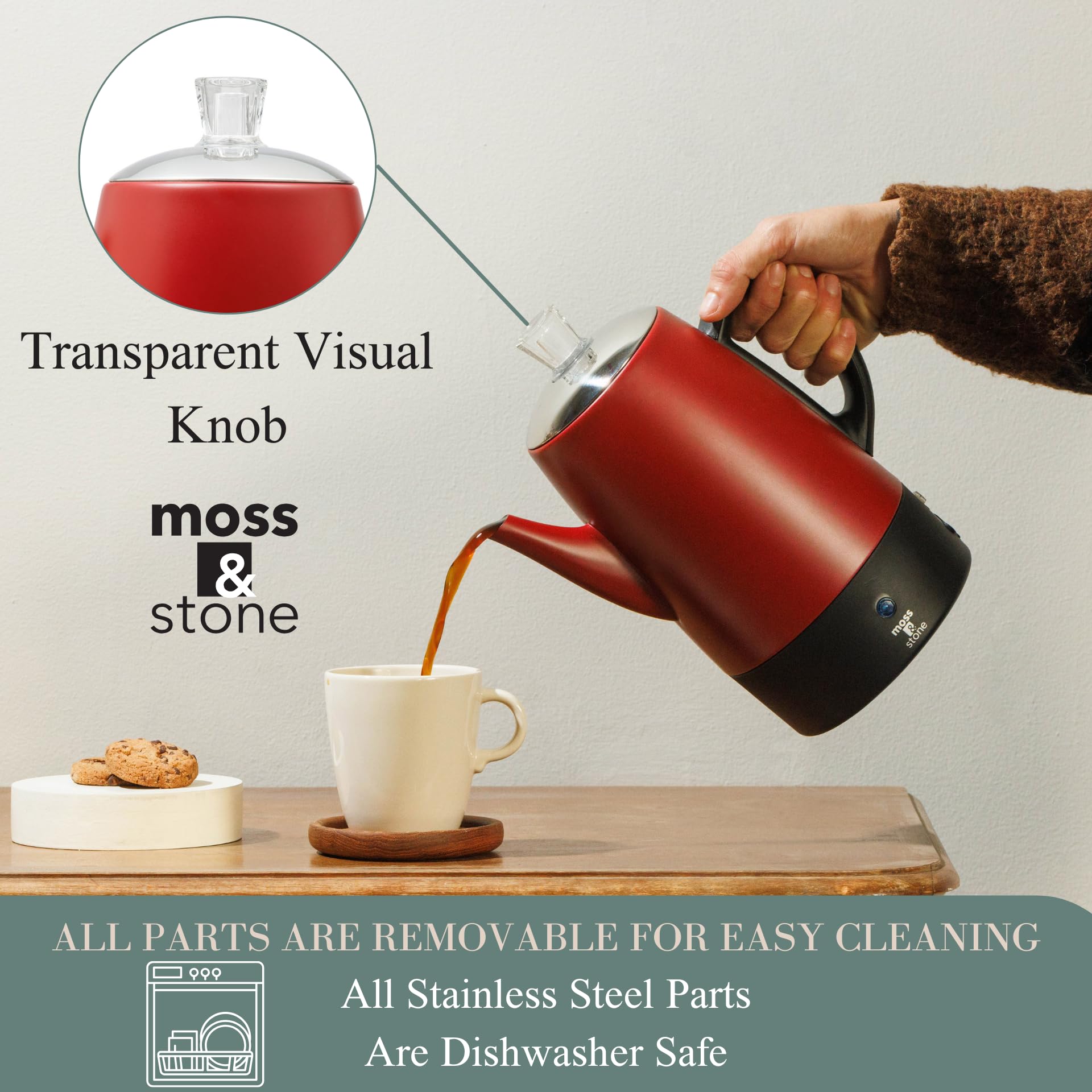 Cafetera eléctrica Moss & Stone, cuerpo rojo con tapa de acero inoxidable, cafetera eléctrica, cafetera de camping roja de 10 tazas