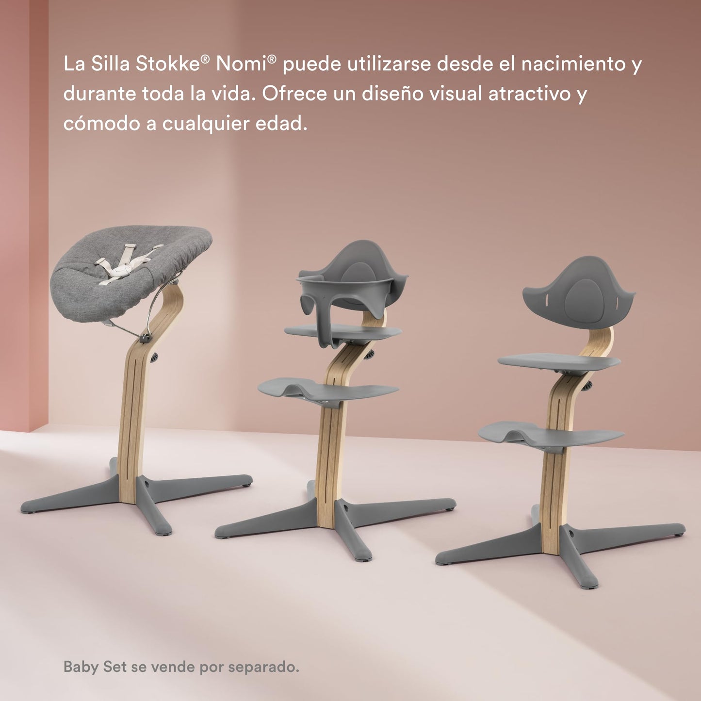 Stokke Nomi Silla (Blanca) + Newborn Set (Blanco/Rosa Grisáceo) - Incluye un Arnés de Seguridad de Cinco Puntos y Un Set de Tela Reversible y Lavable - Soporta hasta 150 kg