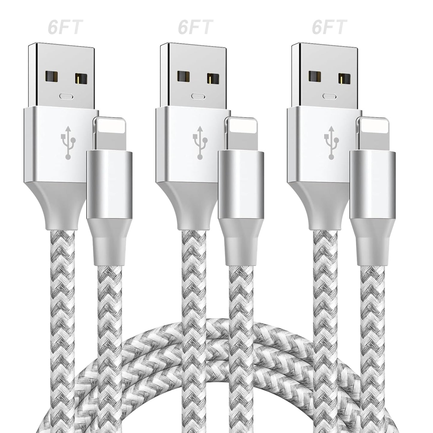 Cable de Carga USB A a Conector Compatible, 3 Pack, Carga Rápida con Nylon Trenzado, Compatible con Serie 14/13/12/11/X/Pro/Max (Gris Claro, 2M)