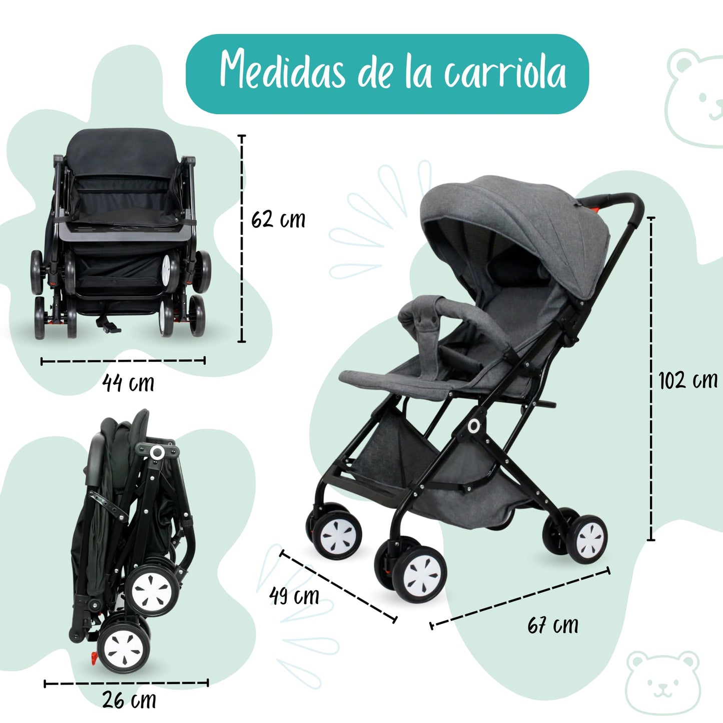 Carreolas Modernas Para Bebe| Carriola Reclinable Con Toldo Extra Largo| Cinturón De 5 Puntos| Carriola Para Bebe Con Diseño Plegable Para Viaje Y Fácil Transportación| Carriola Ligera (Gris)