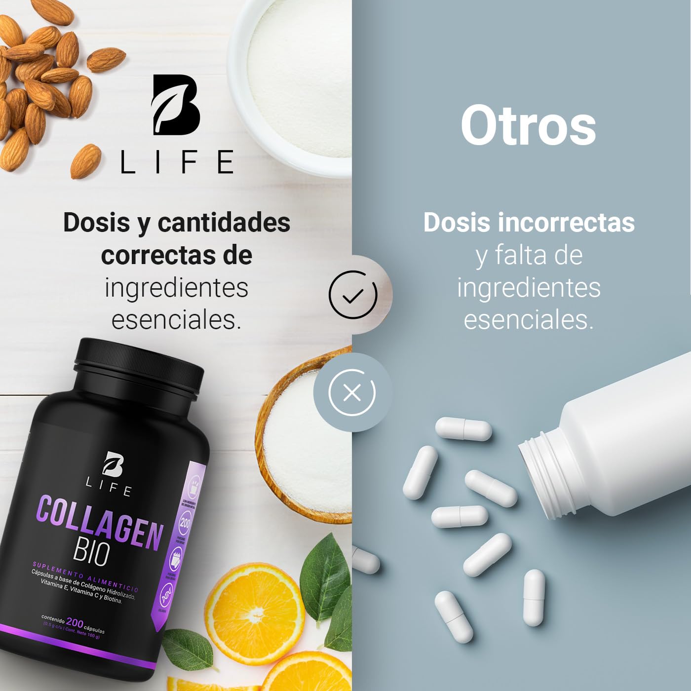 Biotina de 200 Cápsulas. Ingredientes naturales: Colágeno, Vitamina E y Vitamina C. Collagen Bio B Life.
