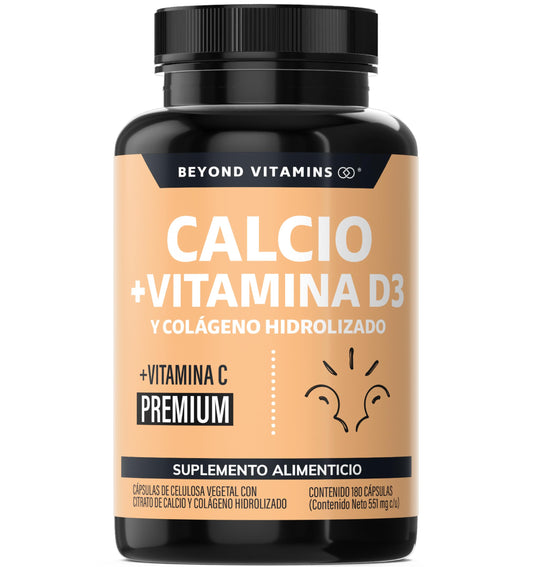 Beyond Vitamins | Calcio 1000 + Vitamina D3 | Potenciado con Colágeno Hidrolizado y Vitamina C | Caltrato 1000mg con Cápsula Vegana para todas las dietas (180 cápsulas)