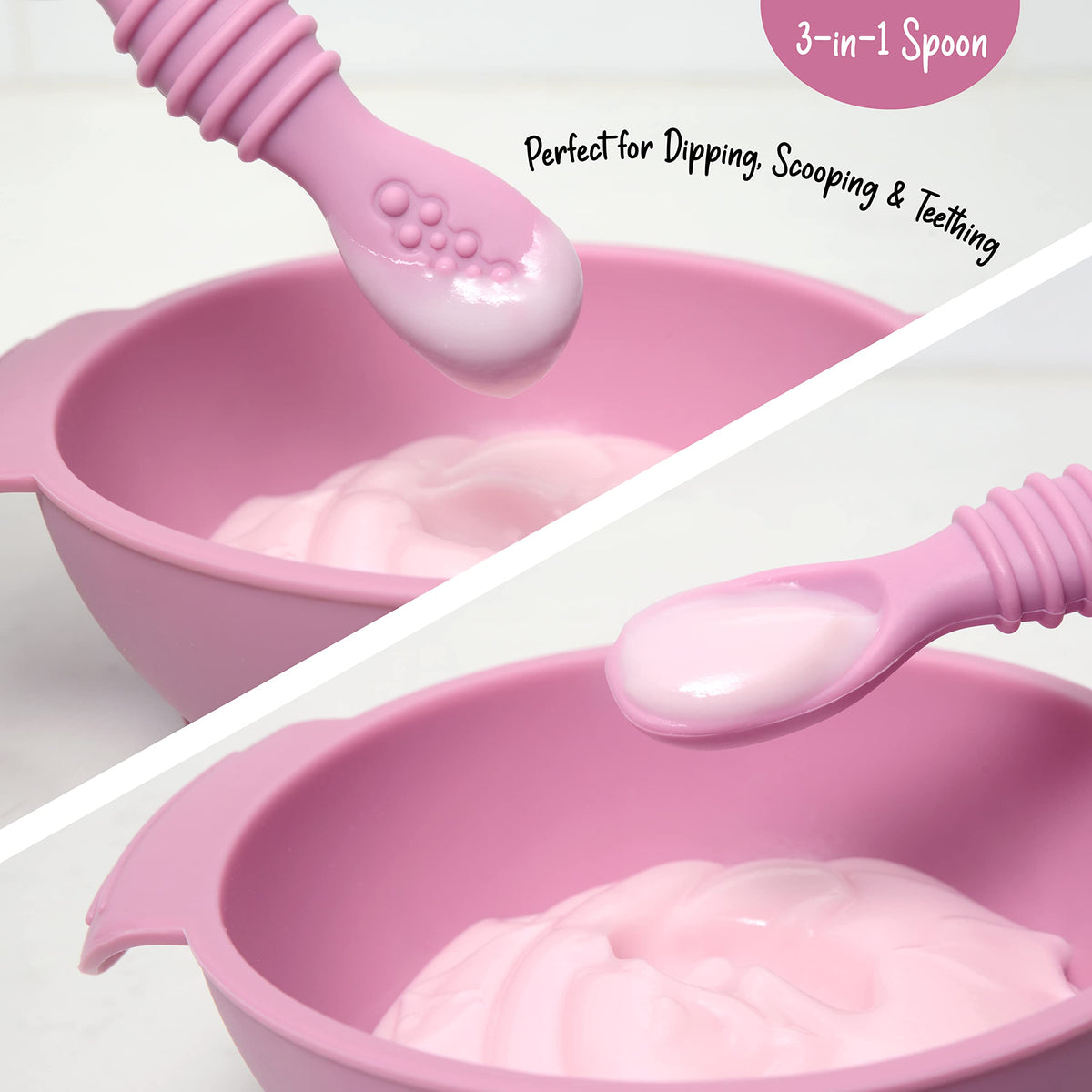 PrimaStella Plato de succión de Silicona, Plato de Agarre Dividido, Juego de Platos y cucharas Antideslizantes para bebés y niños pequeños, sin BPA, Apto para microondas, lavavajillas