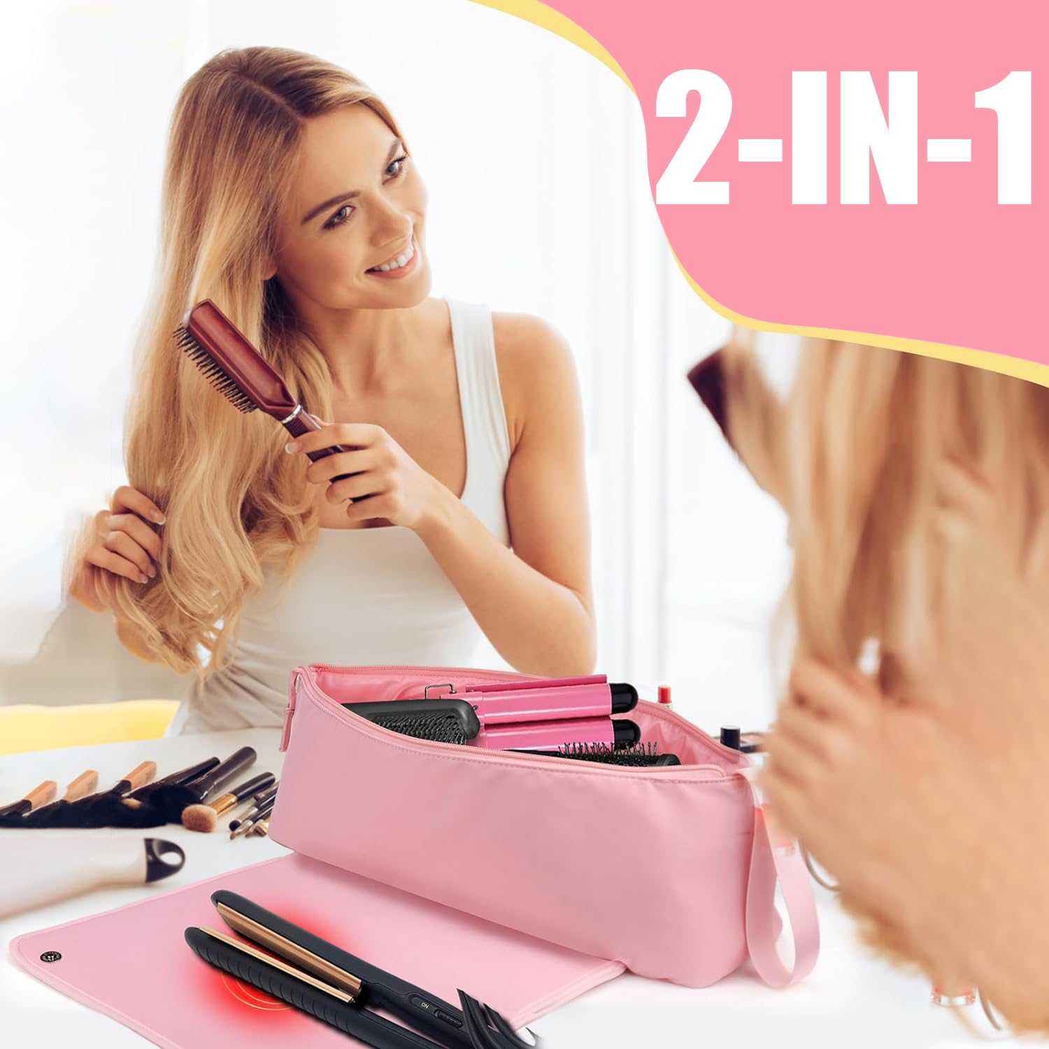 Hair Tools - Bolsa de viaje, funda de viaje de hierro plano 2 en 1 con almohadillas resistentes al calor, bolsos de viaje para peluquería resistente al calor para rizadores (Rosa)