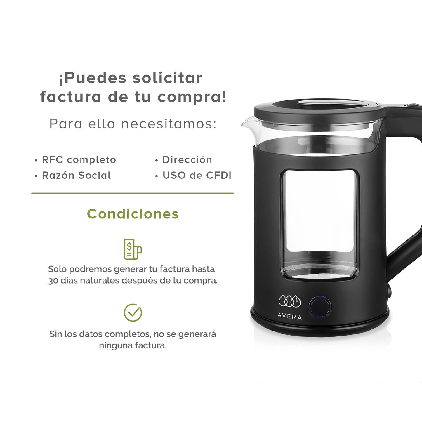 AVERA Tetera Electrica de Vidrio 1.8 Litros 1000W Potencia, Hervidor de Agua Inalambrico, Libre de BPA, Apagado Automatico, Interior Inoxidable, Iluminacion LED, Color Negro