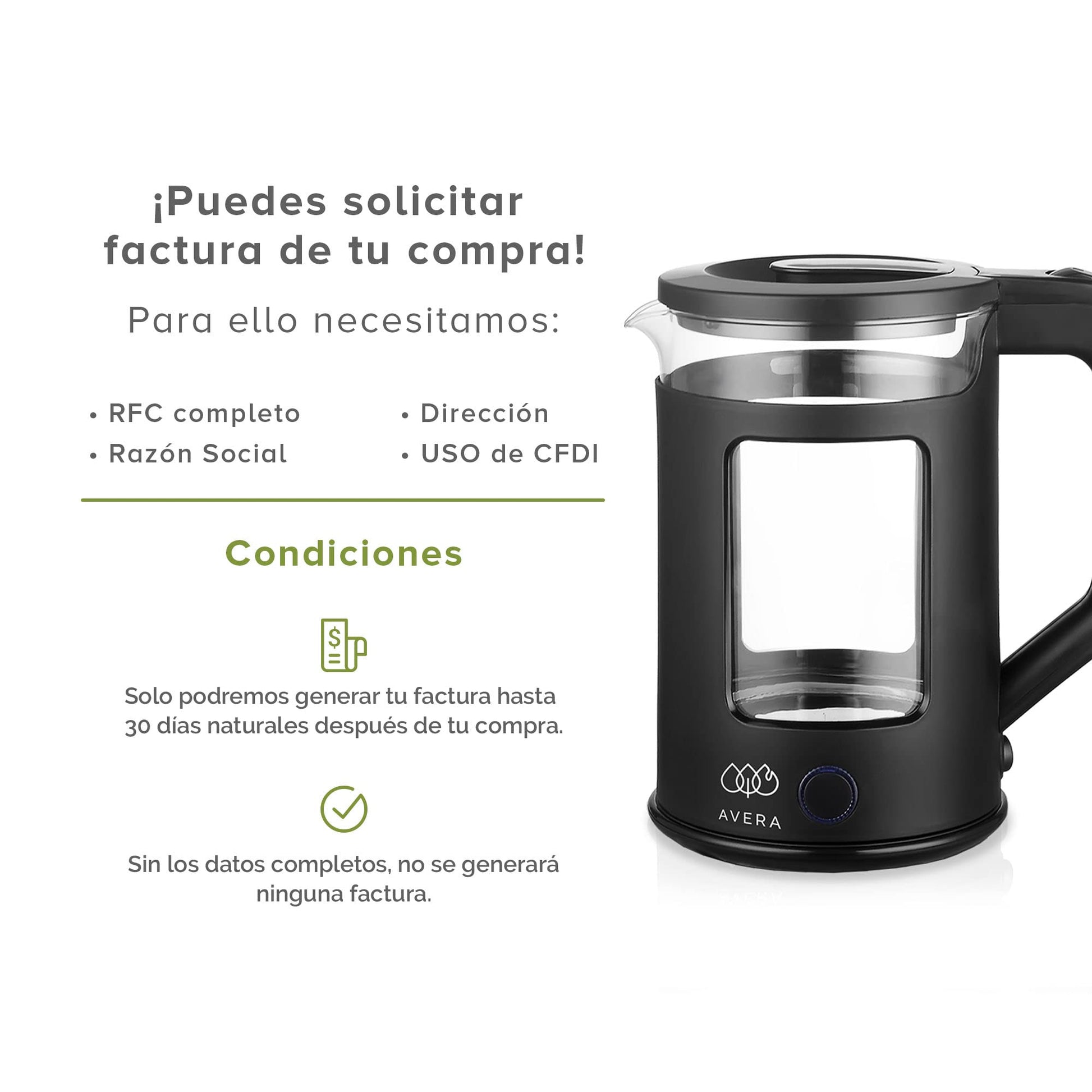 AVERA Tetera Electrica de Vidrio 1.8 Litros 1000W Potencia, Hervidor de Agua Inalambrico, Libre de BPA, Apagado Automatico, Interior Inoxidable, Iluminacion LED, Color Negro