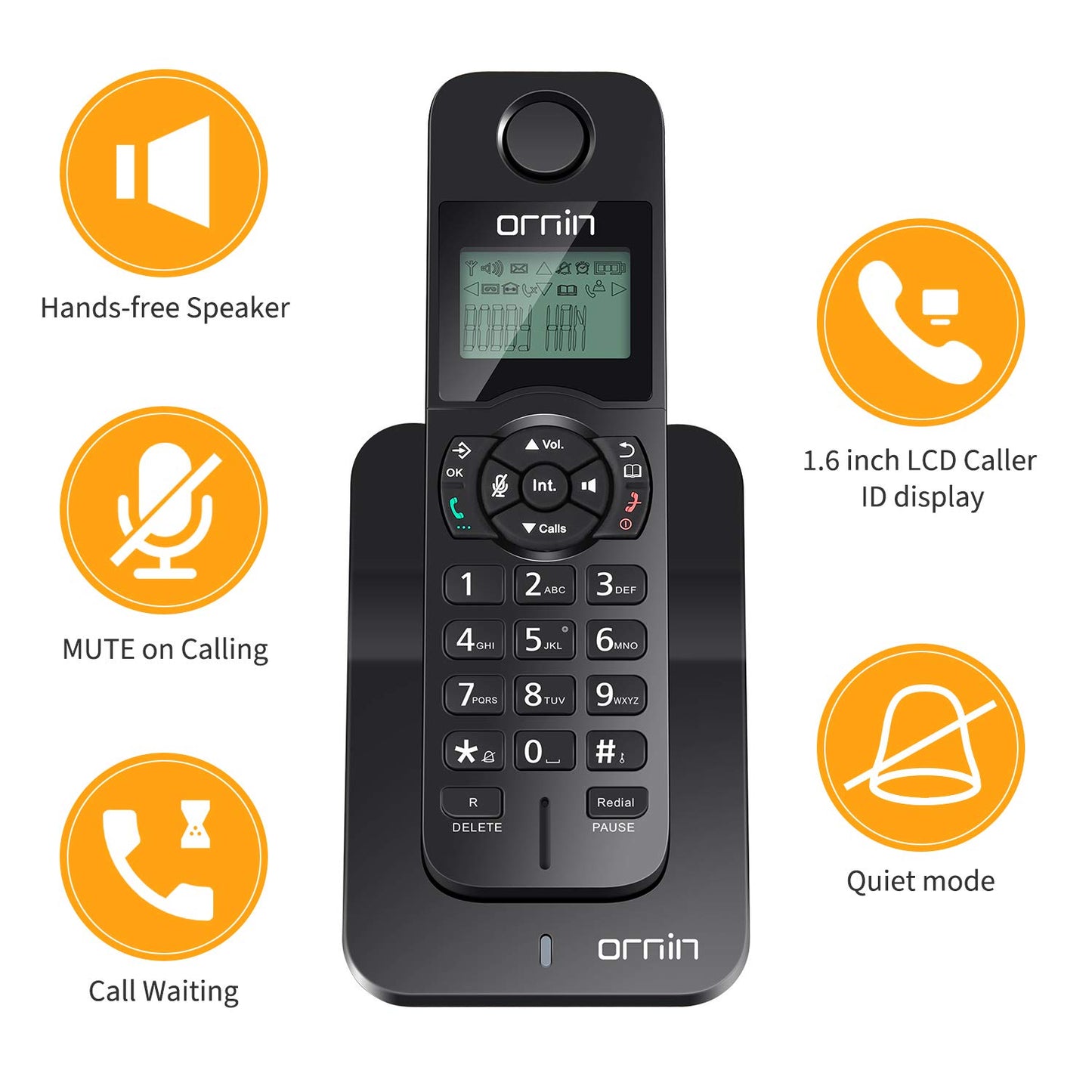 Ornin D1005 Teléfono inalámbrico para Uso doméstico y de Oficina, inyección de Aceite de Caucho (Paquete Individual, Negro)