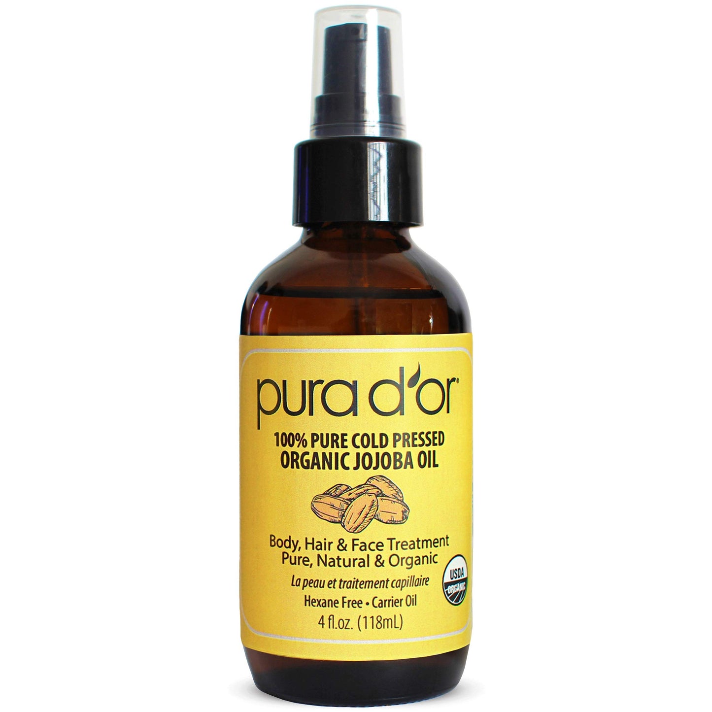 PURA D’OR Organic Jojoba Oil (4oz) USDA Certified - 100% Pure & Natural Moisturizer - Cold Pressed, Unrefined, Hexane Free Base Carrier Oil for DIY Skin Care, Hair, Face & Nails (Packaging may vary)