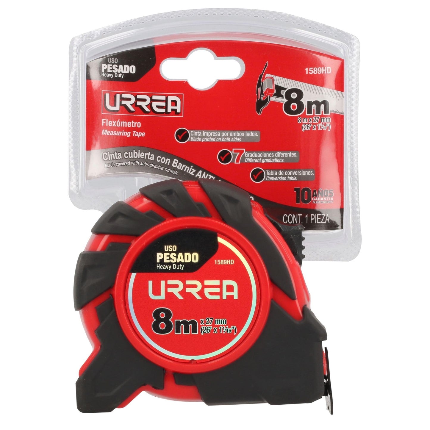 Flexómetro Urrea Heavy Duty con Hoja de Acero y Carátula ABS TPR 8 M x 27 Mm 4 Remaches