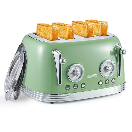 Wiltal Retro Green tostador de 4 rebanadas - Acero inoxidable, recalentamiento, descongelación, cancelación, cuenta regresiva, 6 niveles de color dorado