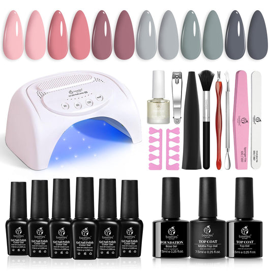 Kit de esmalte de uñas en gel Beetles con luz ultravioleta, lámpara LED de 48 W, 6 colores, kit de inicio de esmalte de uñas en gel nude, gris y rosa, manicura con remojo, regalo para niñas en casa