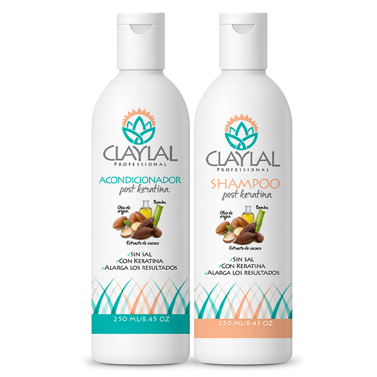 Claylal Professional | Shampoo y Acondicionador Post keratina 250ml c/u | Sin Sal | Tratamiento Post Alaciado con Cacao, Bambú y Aceite de Argán | Hidrata, Repara y Prolonga el Alaciado
