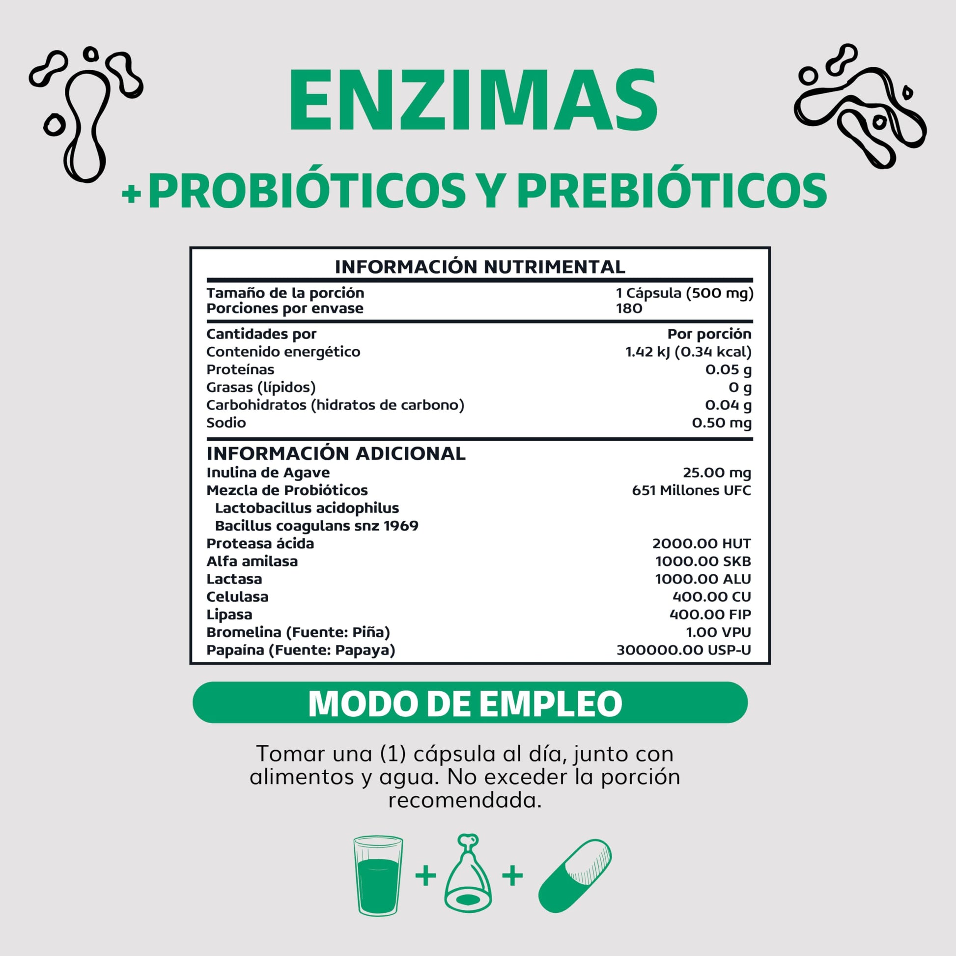 Enzimas Digestivas y Probióticos Lactobacillus acidophilus 180 Cápsulas