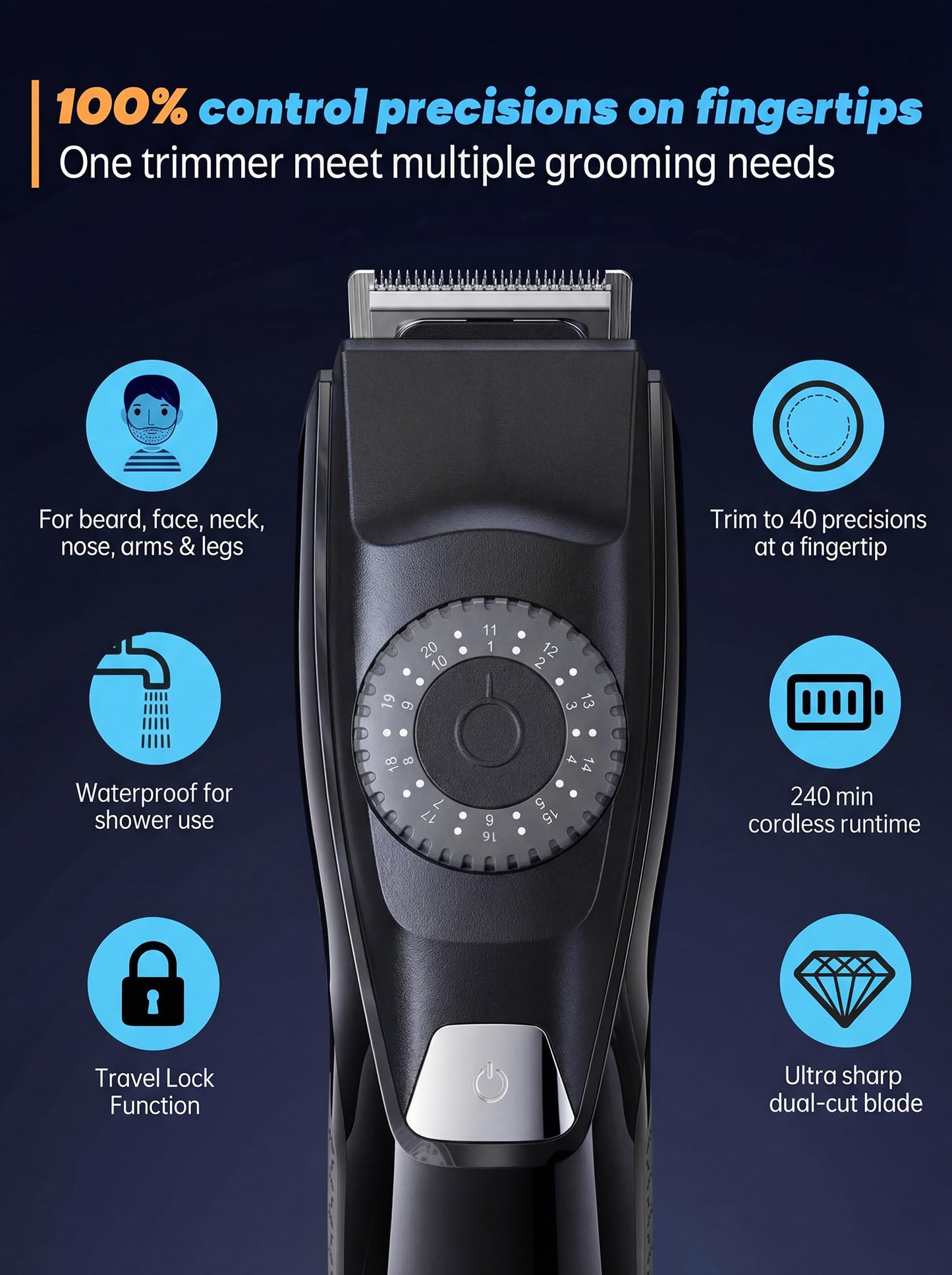 Voukad - Cortadora eléctrica de barba de 40 precisiones para hombres, para barba, bigote, pelo de cara y oreja, cortadora multiserie, impermeable, carga USB C, bolsa suave (gris + negro)