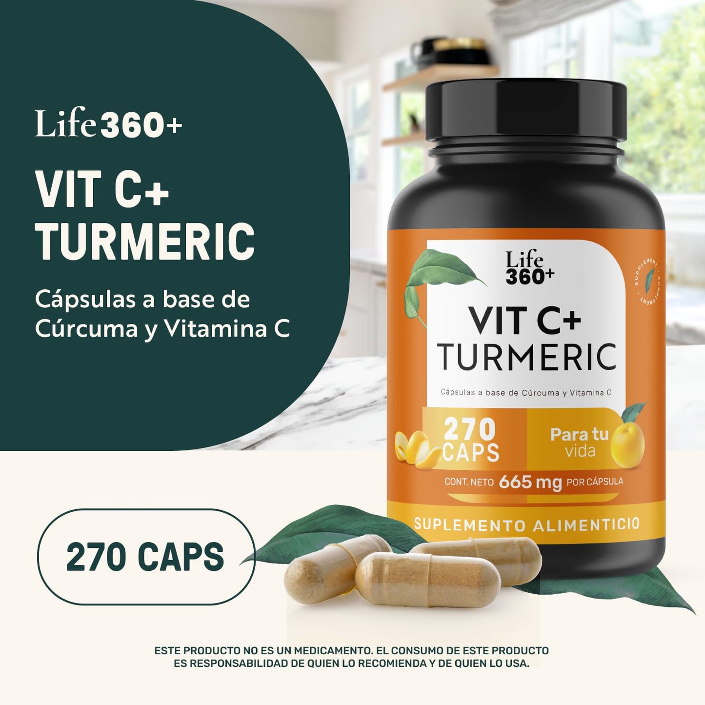 LIFE 360+ Vit C+ Turmeric | 270 Cápsulas | Ácido Ascórbico, Cúrcuma en Polvo Raíz de Cúrcuma y Estearato de Magnesio | Suplemento Alimenticio Vitamina C | Cápsulas de Gelatina | 270 Porciones