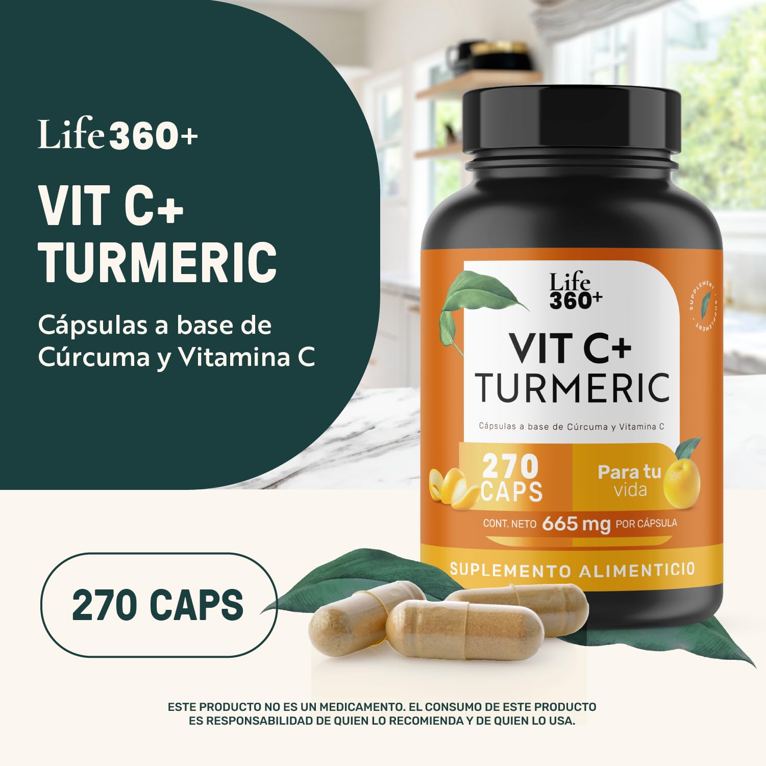 LIFE 360+ Vit C+ Turmeric | 270 Cápsulas | Ácido Ascórbico, Cúrcuma en Polvo Raíz de Cúrcuma y Estearato de Magnesio | Suplemento Alimenticio Vitamina C | Cápsulas de Gelatina | 270 Porciones