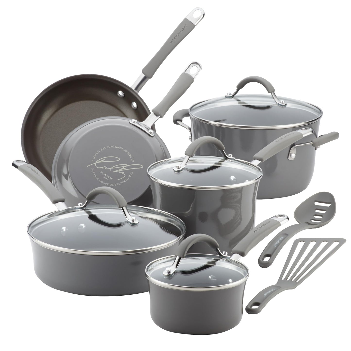 Juego de Cocina Antiadherente de Porcelana Esmaltada Dura Rachael Ray Sea Salt Gray 12 Piezas