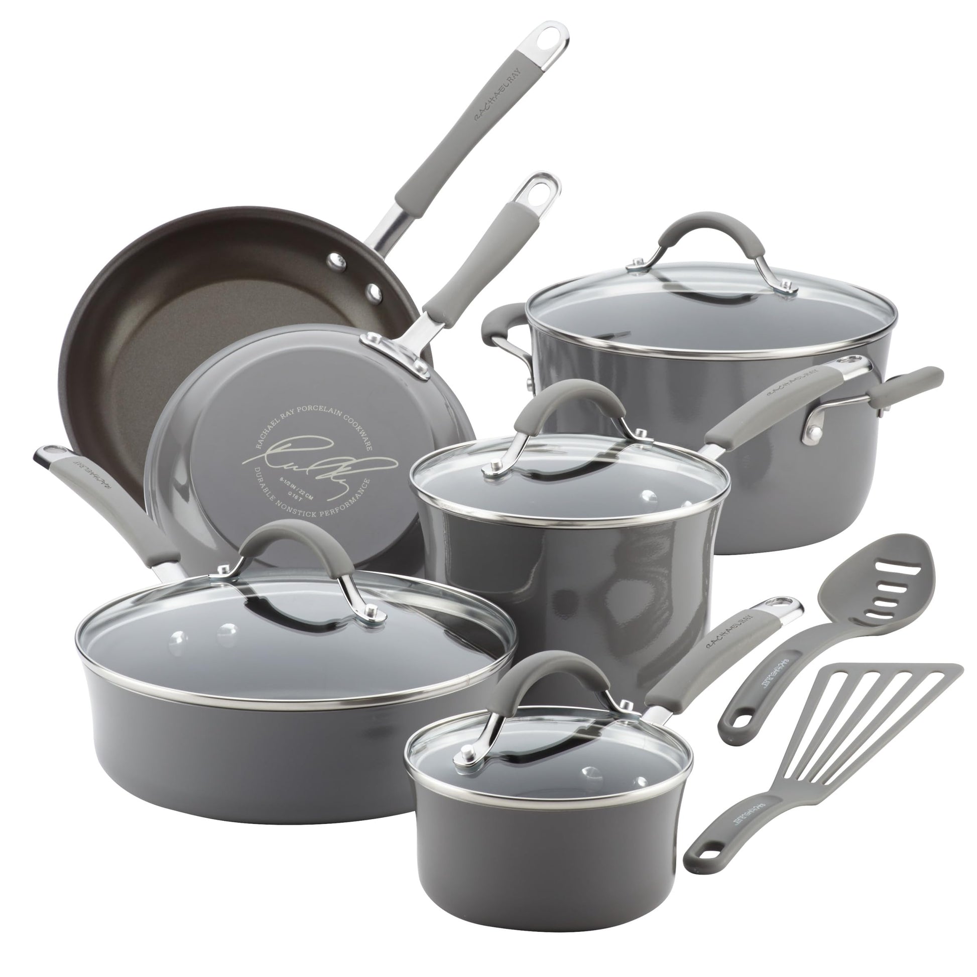 Juego de Cocina Antiadherente de Porcelana Esmaltada Dura Rachael Ray Sea Salt Gray 12 Piezas