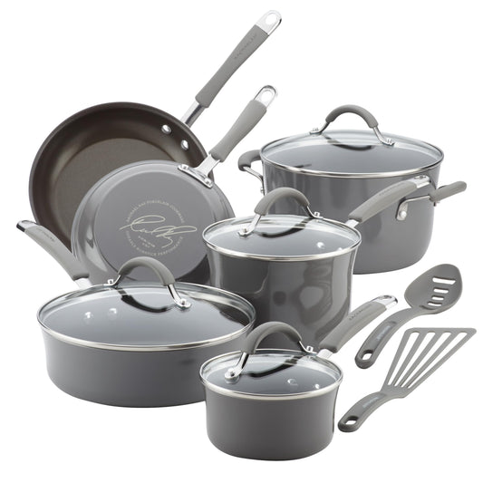Juego de Cocina Antiadherente de Porcelana Esmaltada Dura Rachael Ray Sea Salt Gray 12 Piezas