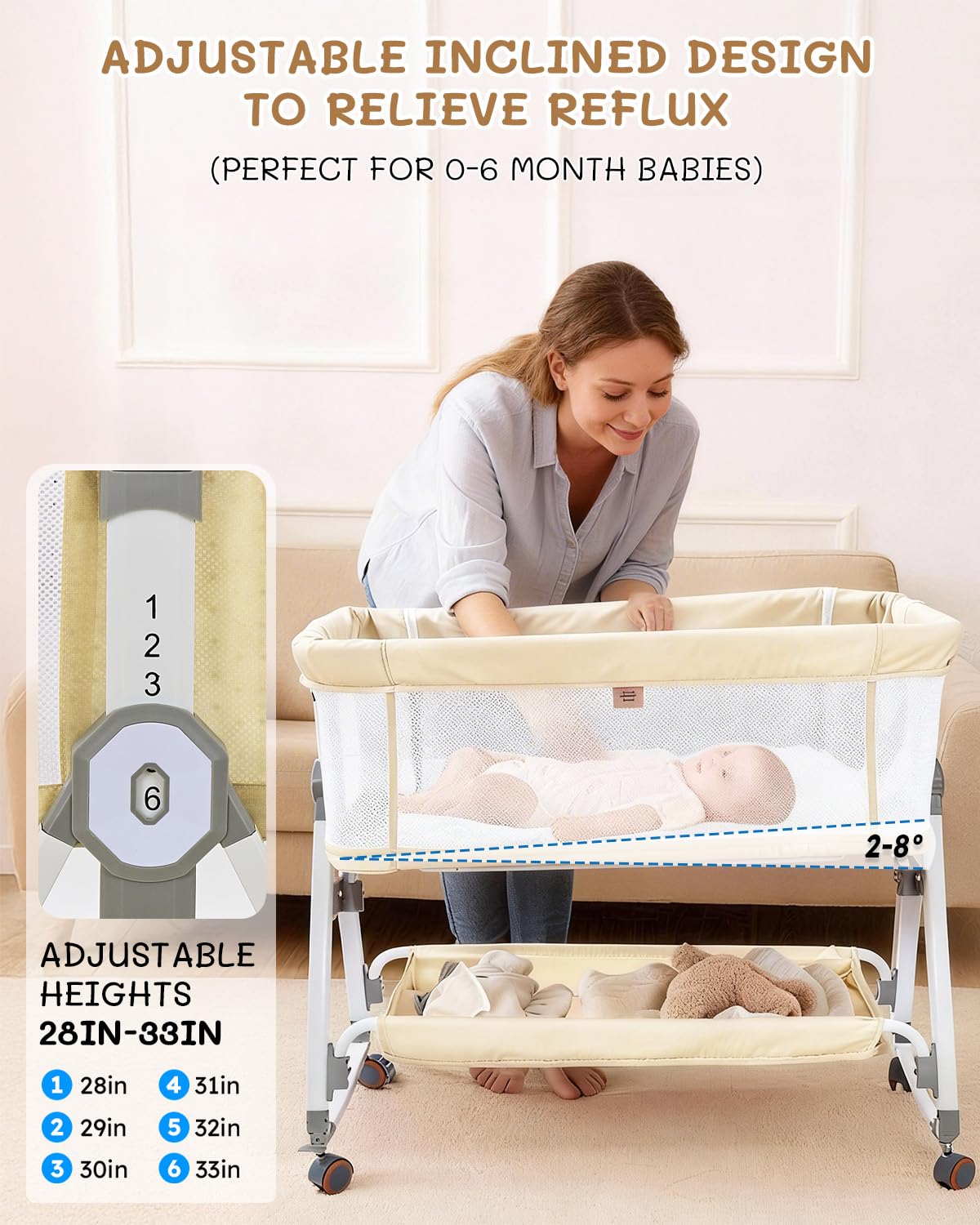 Leoavetole - Moisés de cama para bebé, cuna 4 en 1 con ruedas, cuna ajustable de 6 altura con malla transpirable para recién nacidos y bebés (beige profundo)