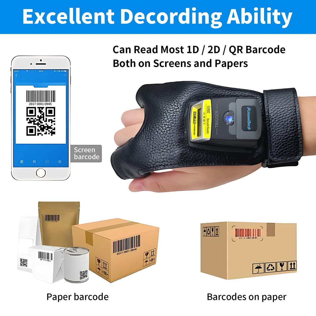 Escáner de Código de Barras Posunitech GS02 Negro 2D Portátil para Entornos Difíciles