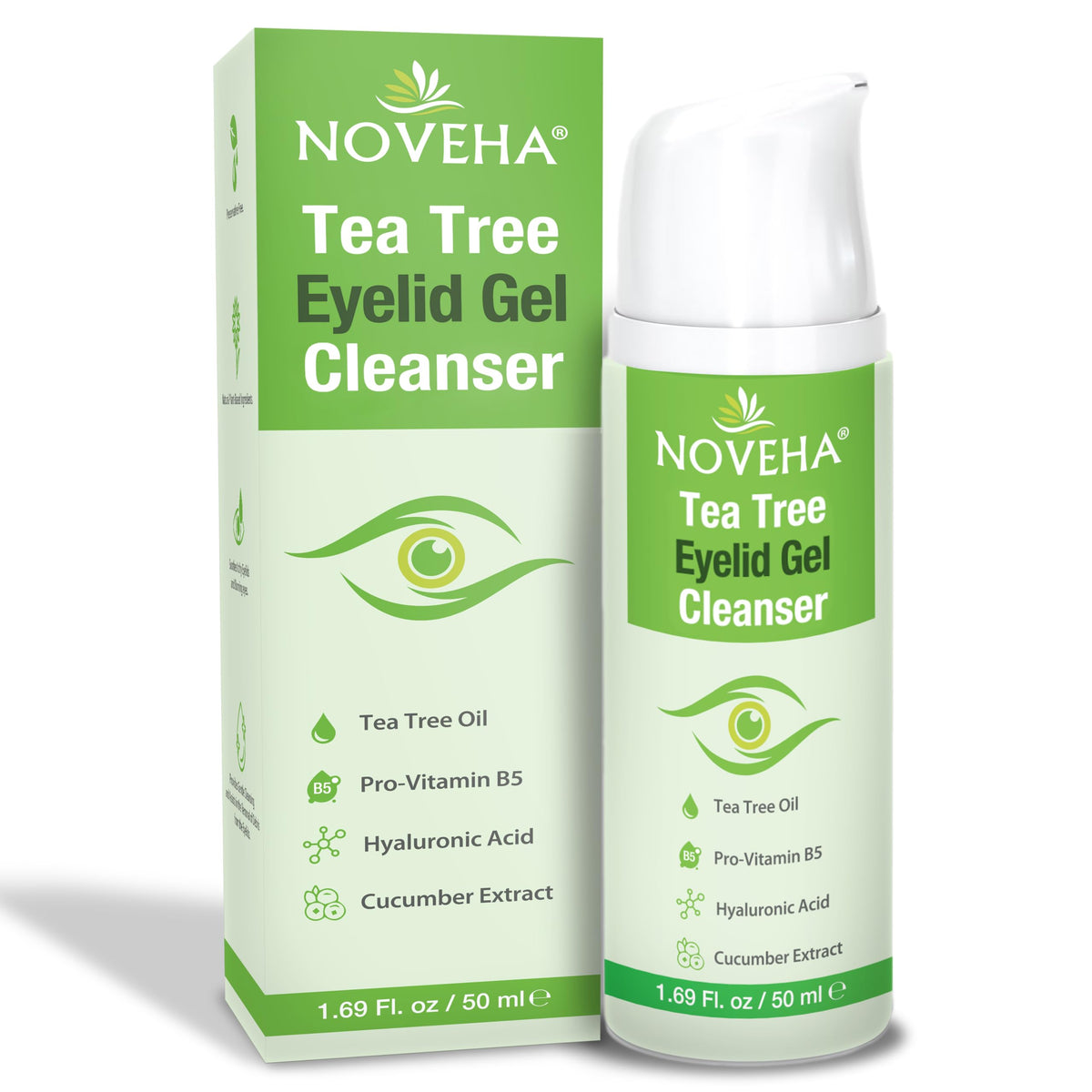 NOVEHA Gel Limpiador de Párpados de Árbol de Té - para Blefaritis, Mgd, y Ojo Seco Con Pro-Vitamina B5, Ácido Hialurónico, y Extracto de Pepino - Limpieza Suave, Alivia Picazón de Párpado y Ardor de O