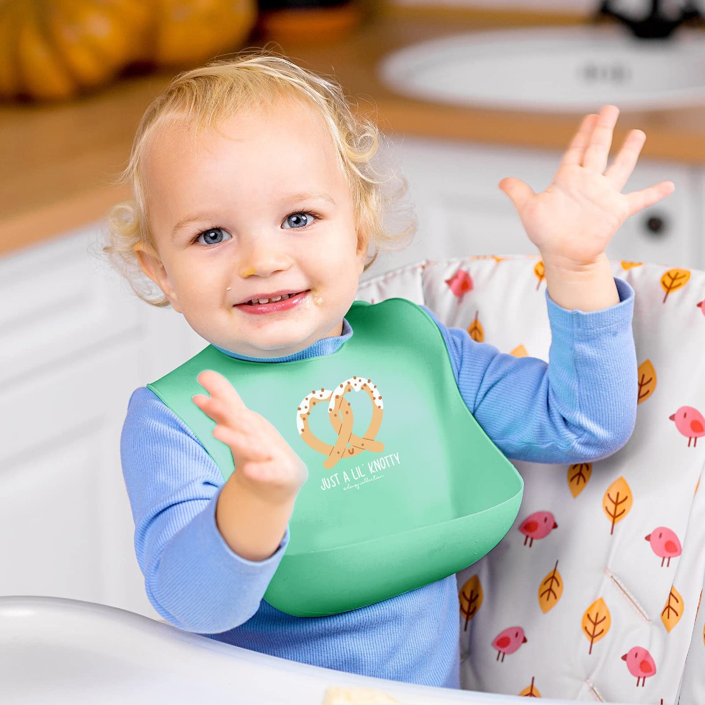 Silicone Baby Bibs - Waterproof, Easy Wipe Silicone Bib for Babies, Toddlers - Baby Feeding Bibs with Large Food Catcher Pocket - Travel Bibs Set for Boys, Girls - Food Grade BPA Free (Pretzel)