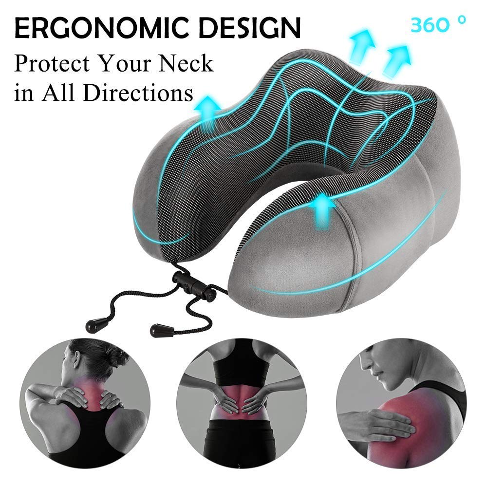 Almohada de Viaje MCSWKEY Gris Oscuro Viscoelástica con Soporte Cervical y Accesorios