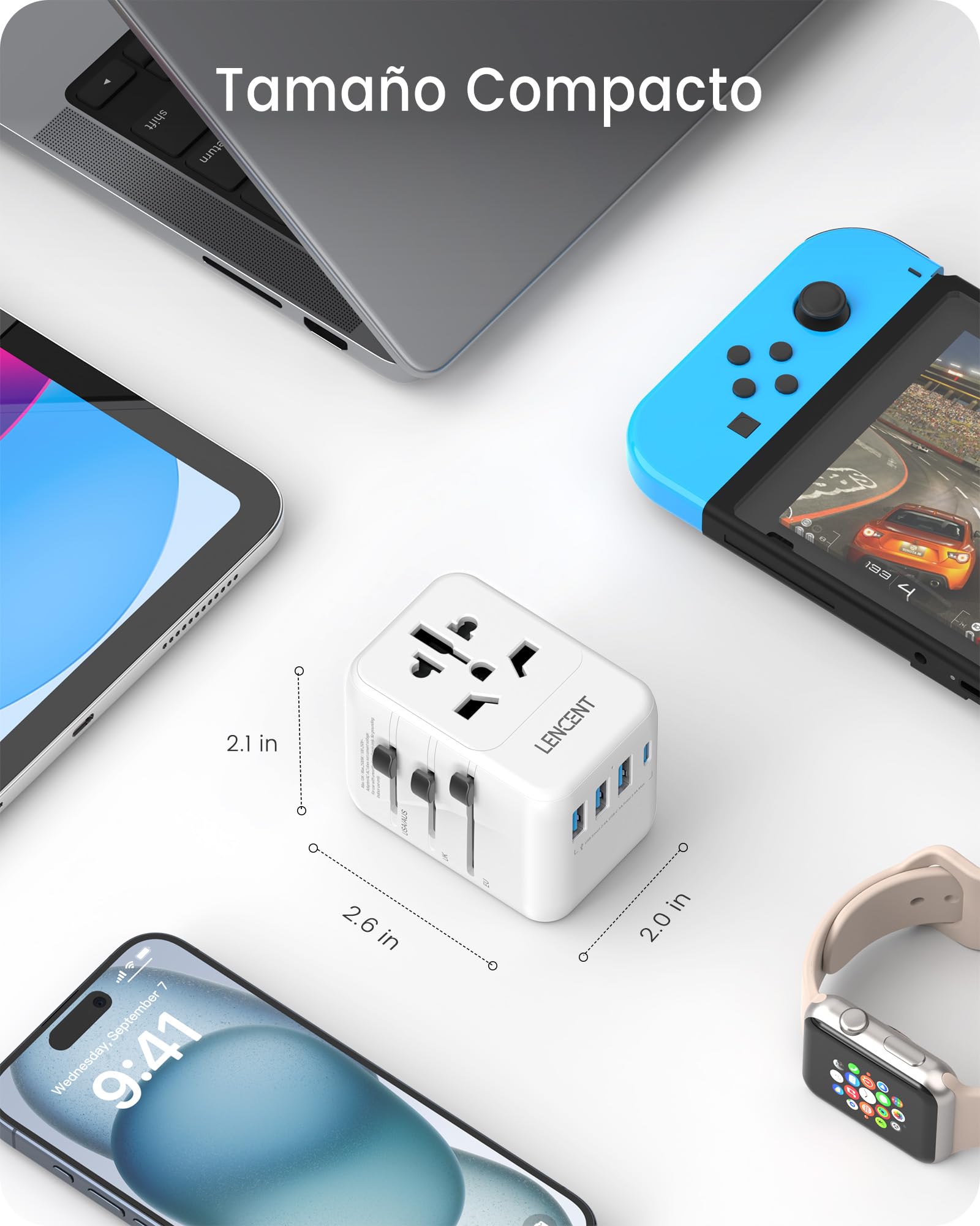 LENCENT Adaptador de Viaje Universal, Cargador Internacional con 3 Puertos USB y PD Tipo-C, para más de 200 países Tipo A/C/G/I (EE. UU, Reino Unido, UE AUS), Blanco