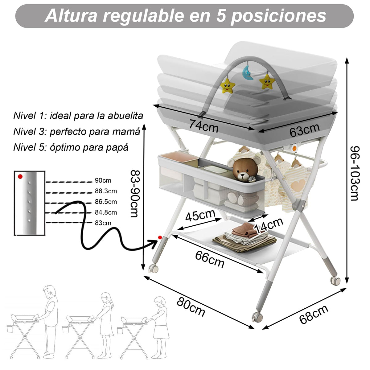 HTERETTW Mueble Cambiador para Bebe Impermeable Portátil, Plegable Cambiador de Pañal para Bebe Con 5 niveles de ajuste de altura con Almacenamiento XXL, Portajuguetes Integrado, Ruedas Silenciosas.