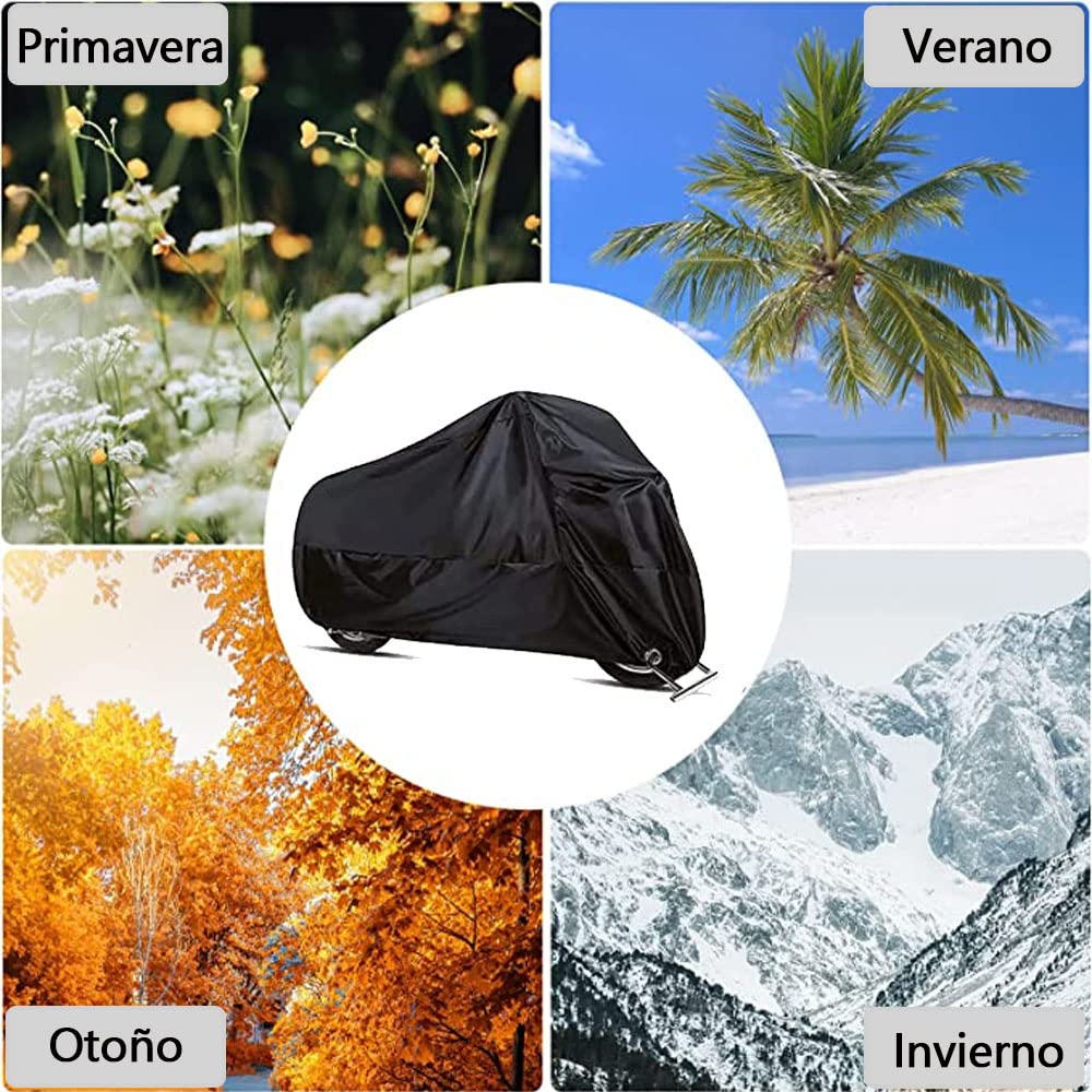 Funda para Motocicleta Cubierta de Moto Impermeable - Tejido de Poliéster Recubierto 190T, 230 x 95 x 125 CM para Motocicletas como Honda, Yamaha, Suzuki, Harley y más (XL, Negro)