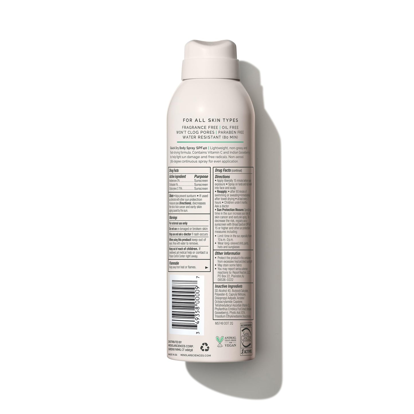 Spray de Secado Rápido MD Solar Sciences Beige con FPS 40 Biodegradable y Resistente al Agua para el Cuerpo