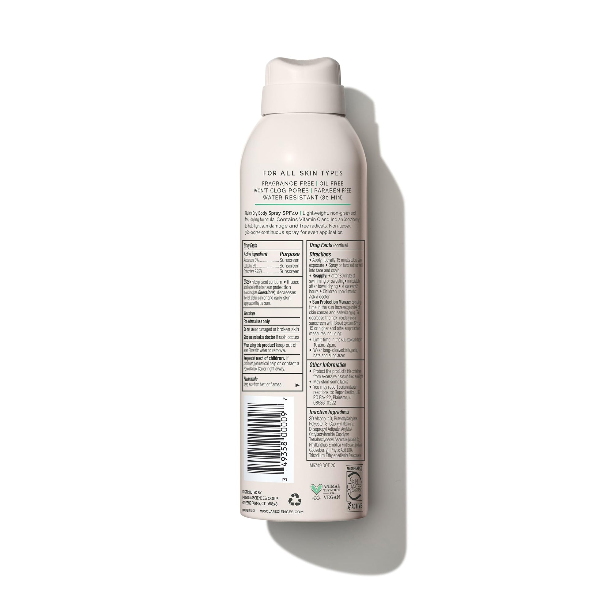 Spray de Secado Rápido MD Solar Sciences Beige con FPS 40 Biodegradable y Resistente al Agua para el Cuerpo