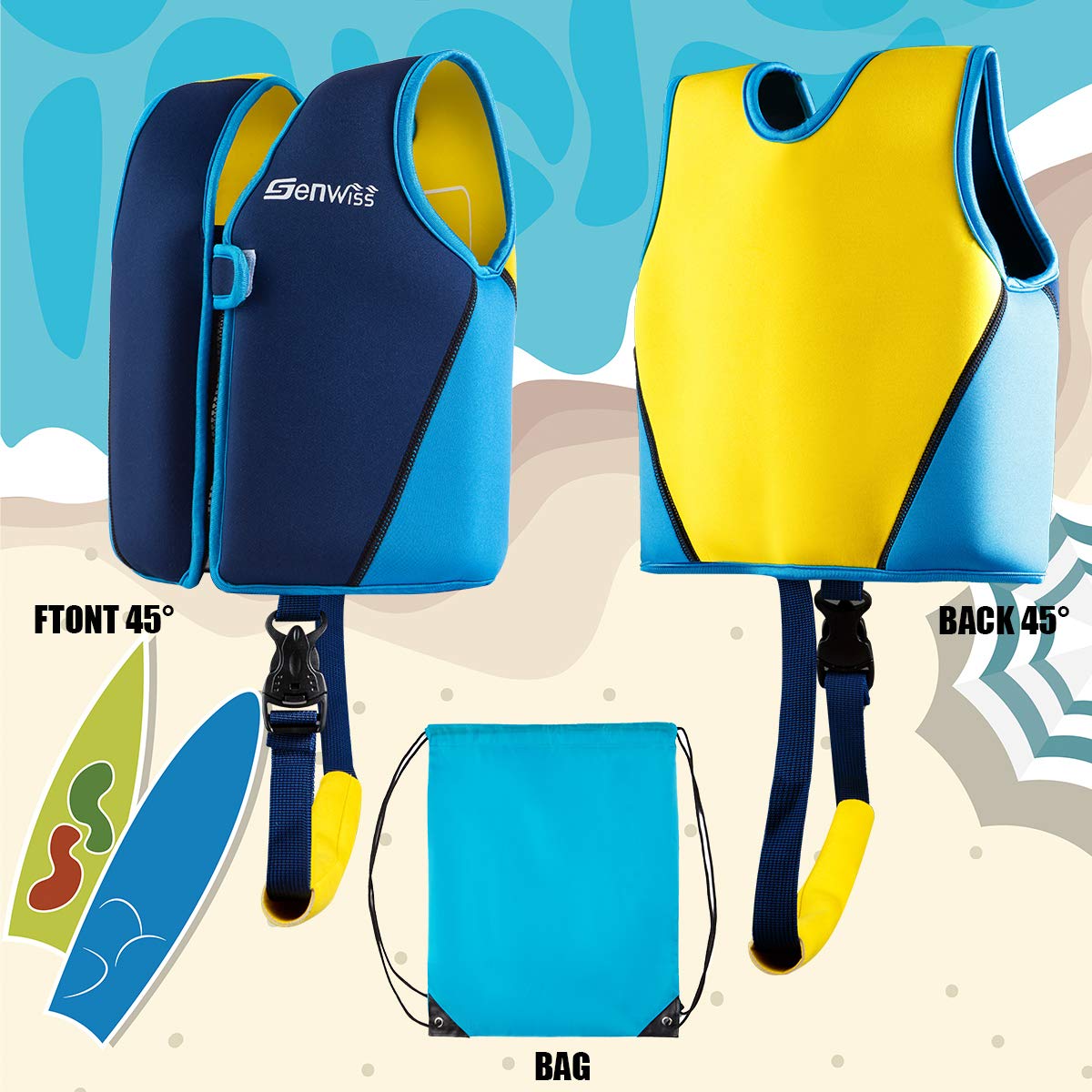 Genwiss Swim Vest for Kids Baby Swim Jacket for Age 3-4 Years Toddler Kids Fit 28-38 lbs,Size Medium, Blue, Yellow