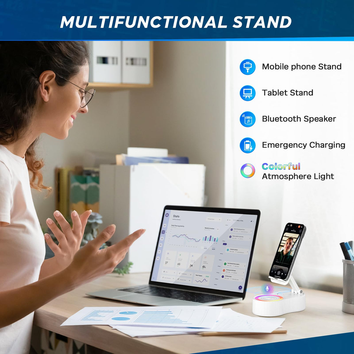 Soporte para Teléfono Celular con Altavoz Bluetooth Inalámbrico Giratorio 360° para Escritorio
