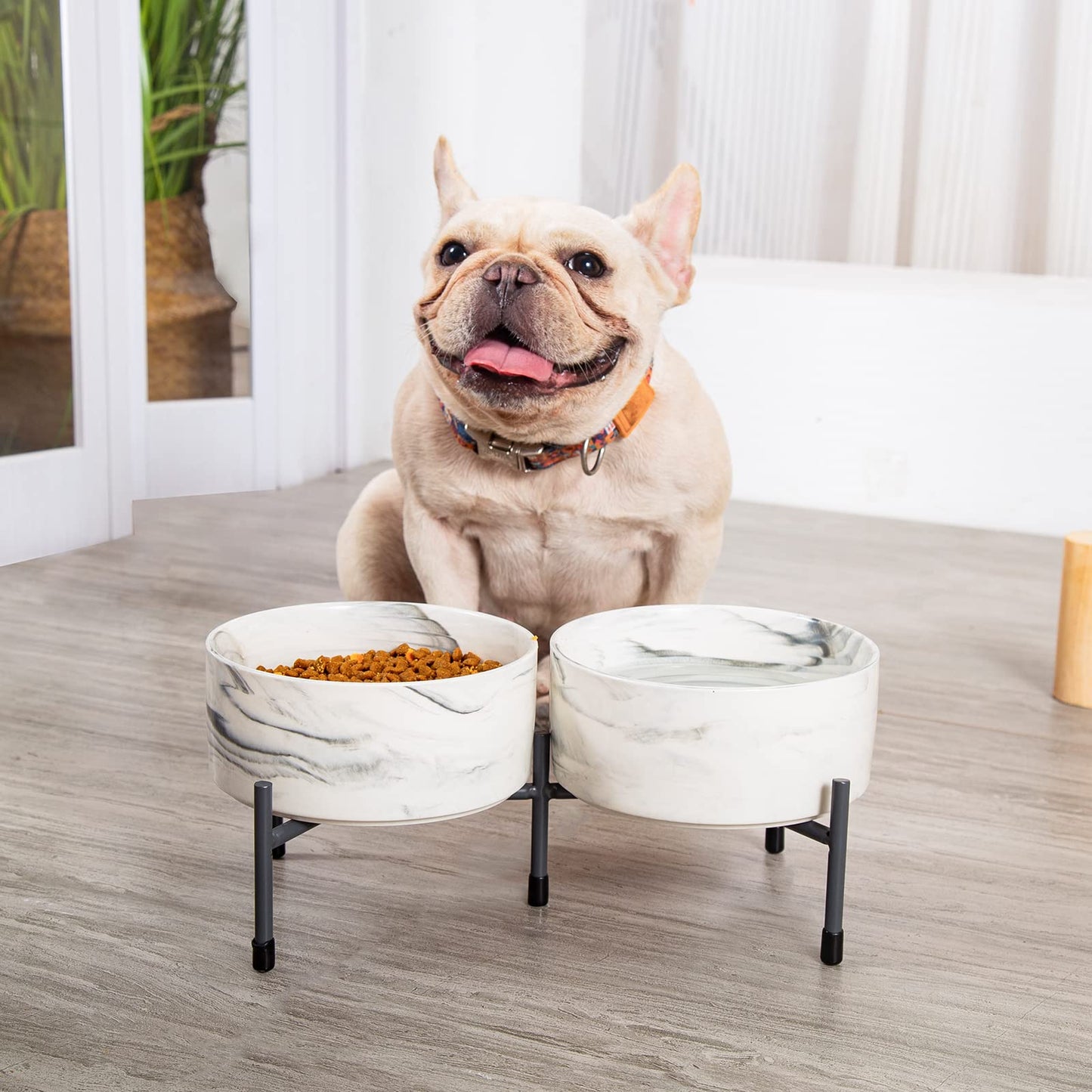 Cuencos de cerámica para perros y gatos de 32 onzas con soporte de metal elevado, juego de cuencos redondos de porcelana de 6 pulgadas, cuencos de alimentación para mascotas para gatos y perros, gris mármol, juego de 2