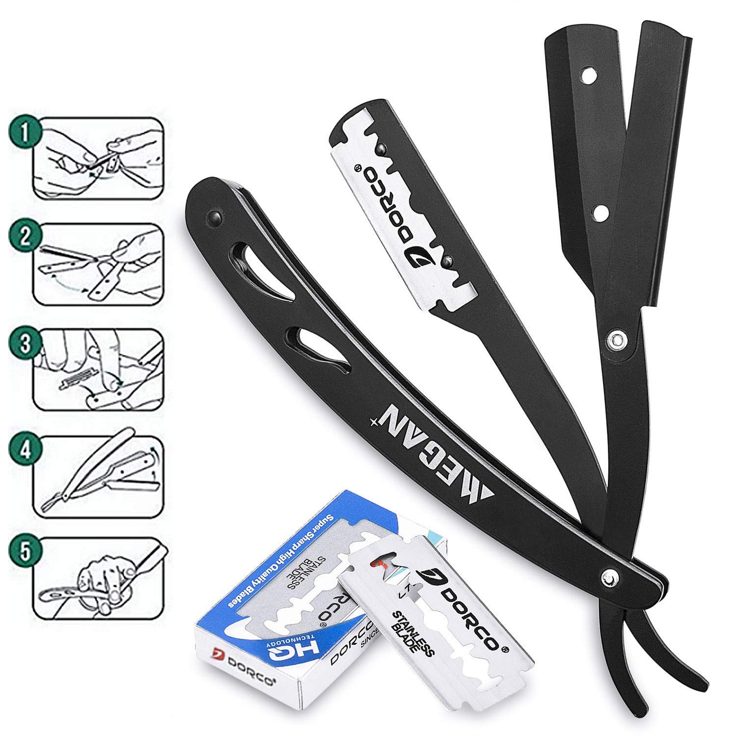 El kit de herramientas para dar forma a la barba Megan para hombres incluye un peine moldeador, una maquinilla de afeitar profesional de filo recto y 10 hojas de doble filo