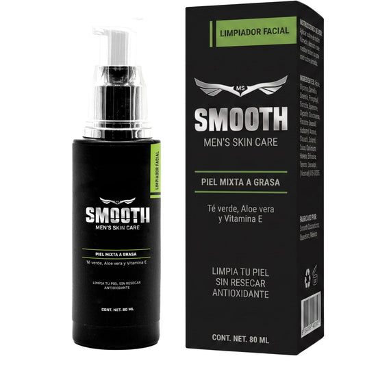 SMOOTH Limpiador Suave Hombres | Limpieza Profunda Sin irritar, Elimina Impurezas, Toxinas, Puntos Negros y Exceso de Grasa | Extracto de Té Verde, Aloe Vera, Betaína de Coco y Vitamina E | Piel suave Fresca y Saludable | 80ml Uso Día y Noche
