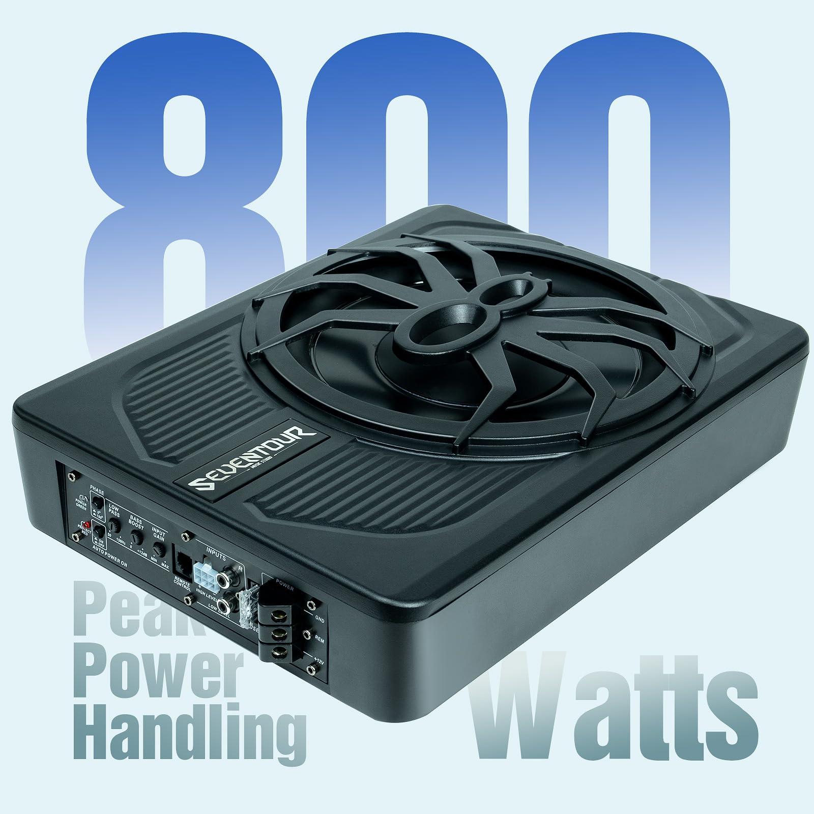 Seventour Subwoofer delgado de 10 pulgadas y 800 W para debajo del asiento, subamplificador de audio integrado para coche/camión, nueva actualización con luz ambiental LED azul