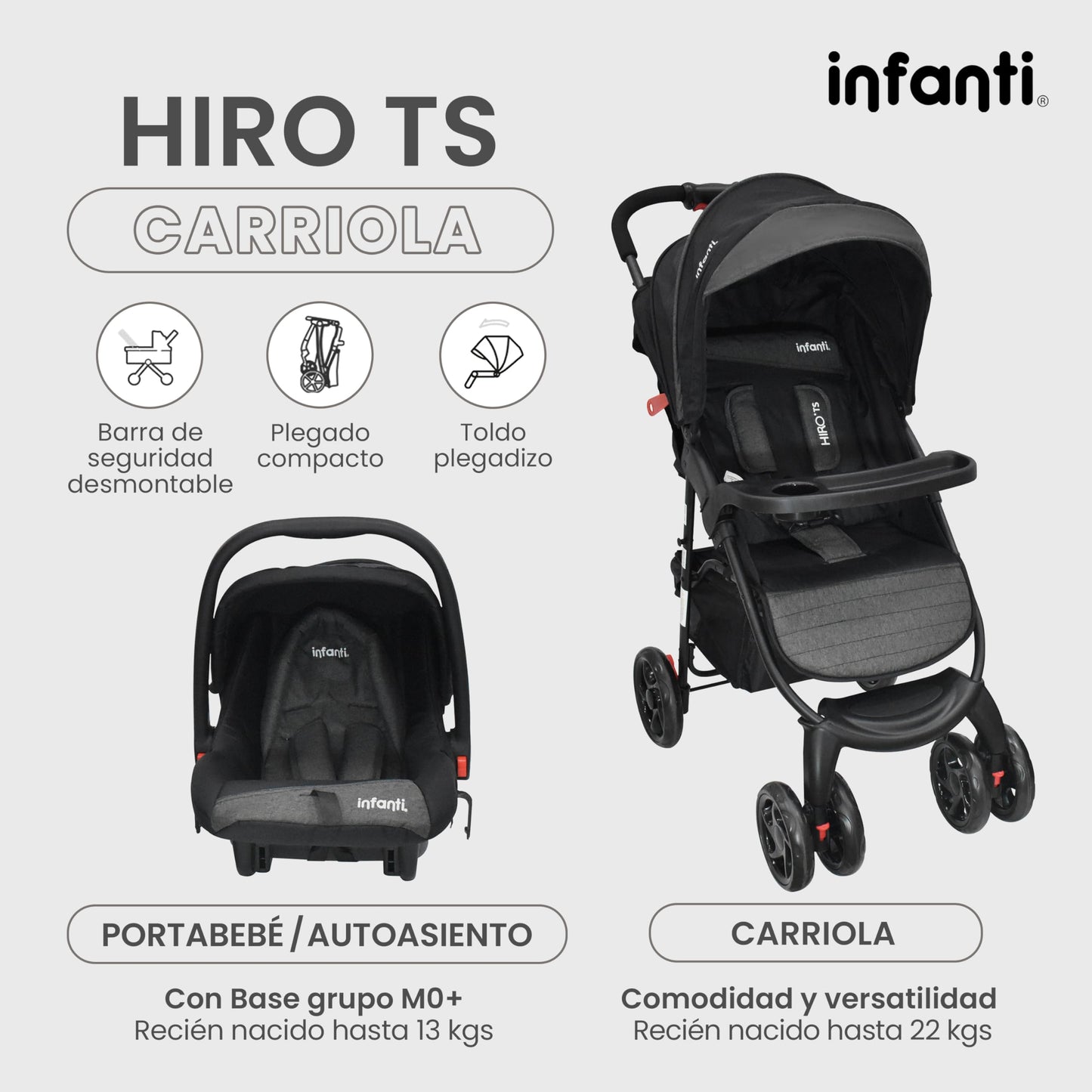 INFANTI | Carriola para Bebe HIRO TS | Carriola de Viaje y Portabebe | Travel System - Cosas para Bebes hasta 22kg | Asiento para Bebé - Autoasientos para Bebe Ligera con Arnés de Seguridad (Black)