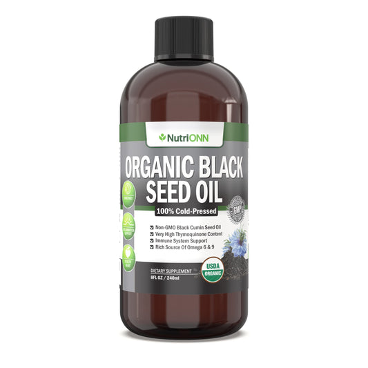 NutriONN Aceite De Semilla Negra Orgánico - Aceite De Semilla De Comino Negro Líquido Orgánico Certificado Por La Usda - Alto Contenido De Timoquinona - Sin Ogm Y Prensado En Frío - Rica Fuente De Áci