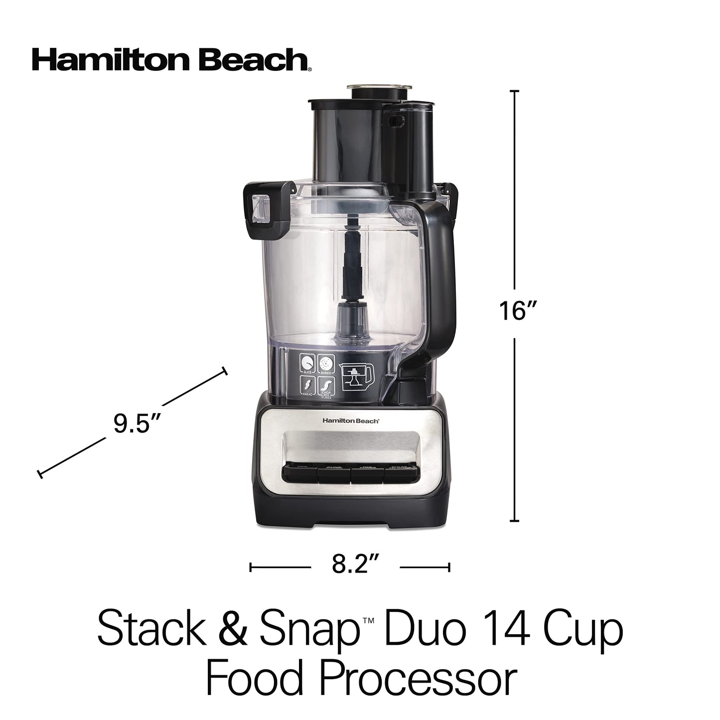Hamilton Beach Stack & Snap Procesador de alimentos y cortador de verduras, sin BPA, cuchillas de acero inoxidable, 14 tazas + 4 tazas, motor de 3 velocidades de 500 W, negro (70585)