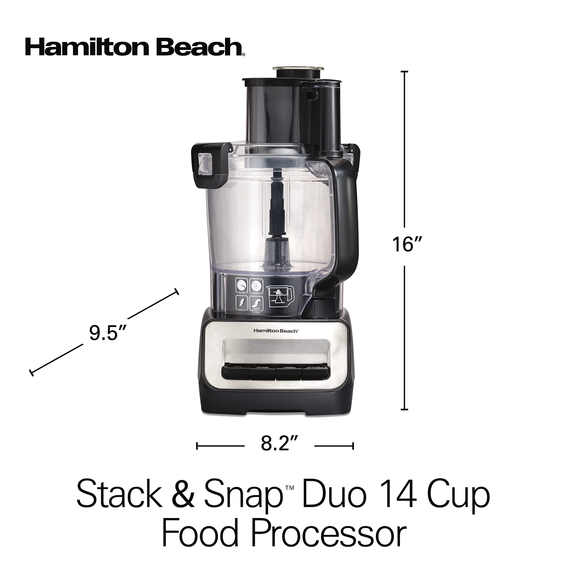 Hamilton Beach Stack & Snap Procesador de alimentos y cortador de verduras, sin BPA, cuchillas de acero inoxidable, 14 tazas + 4 tazas, motor de 3 velocidades de 500 W, negro (70585)